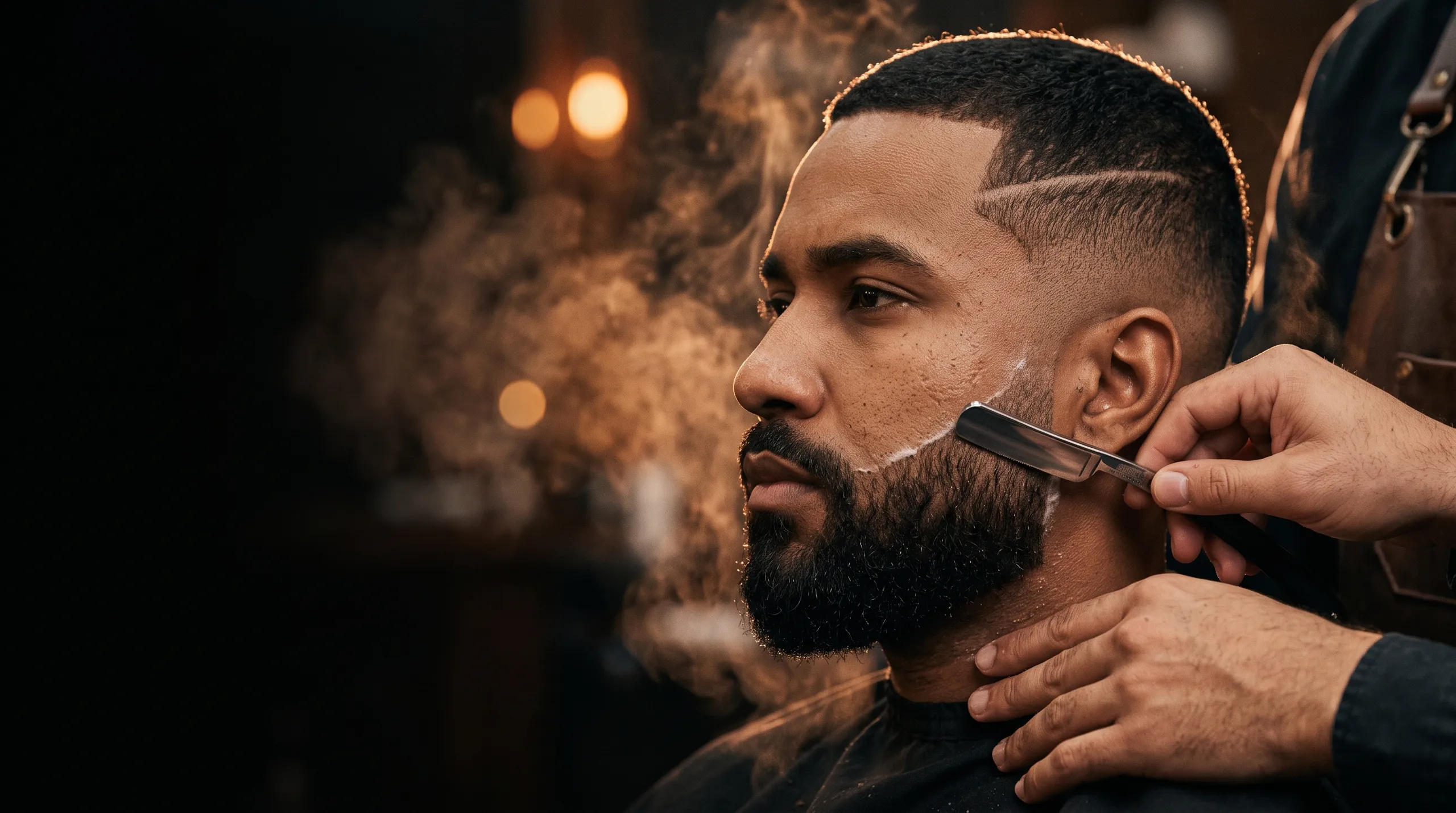 Barbeiro finalizando com navalha o contorno da barba de um cliente com degradê, com vapor de toalha quente ao fundo