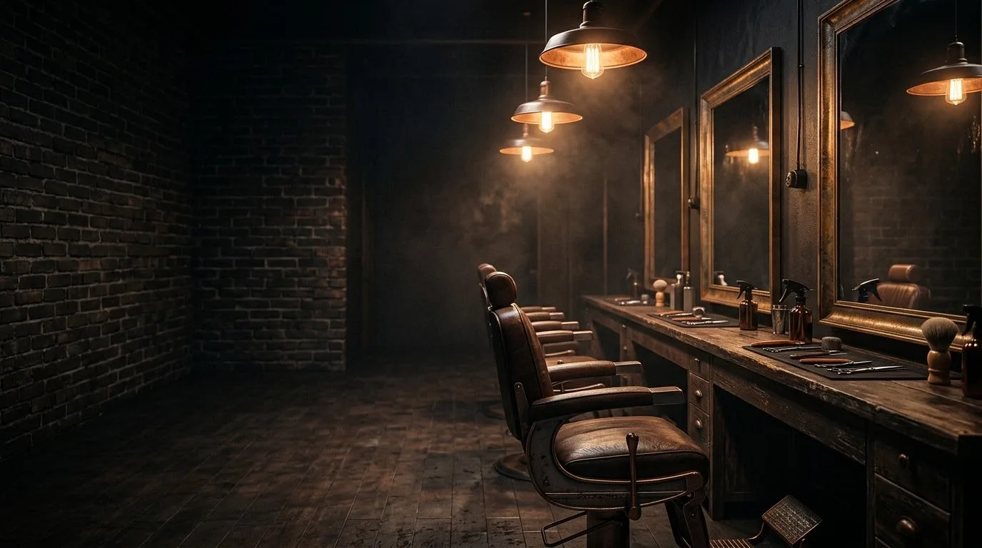 Interior da barbearia com cadeiras de couro, espelhos de latão e luminárias acesas